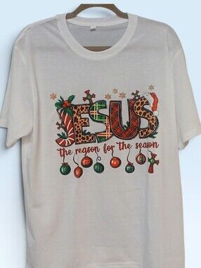 Christian Apparel-Short Sleeve White Cotton Tee Jesus, The Reason For The Season